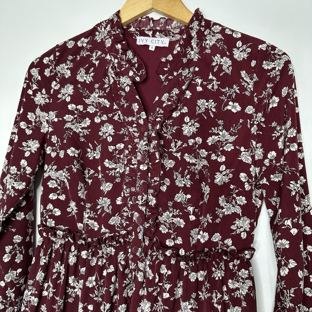 Ivy City Co Lisbeth Dress Small Floral Long Sleeve Ruffle Burgundy Boho - Picture 3 of 9